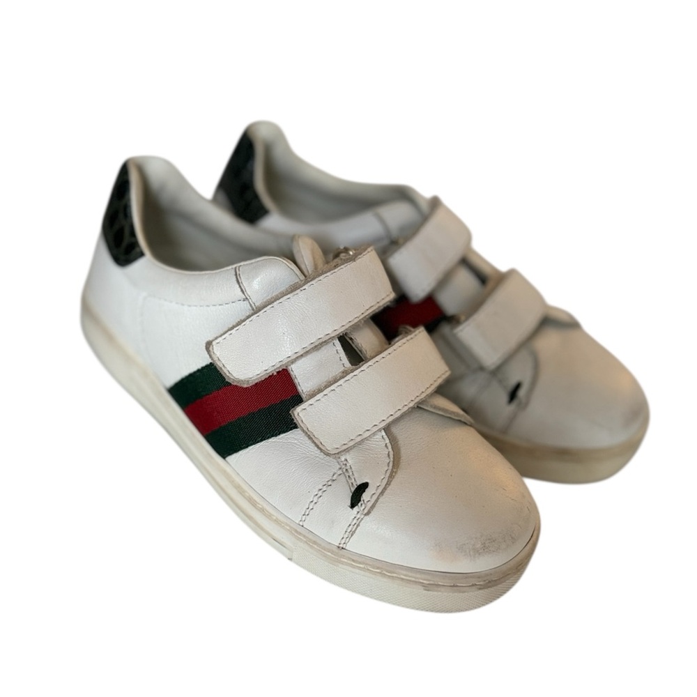 Kids White Gucci ace Sneakers with Red and Green Stripes size 28.